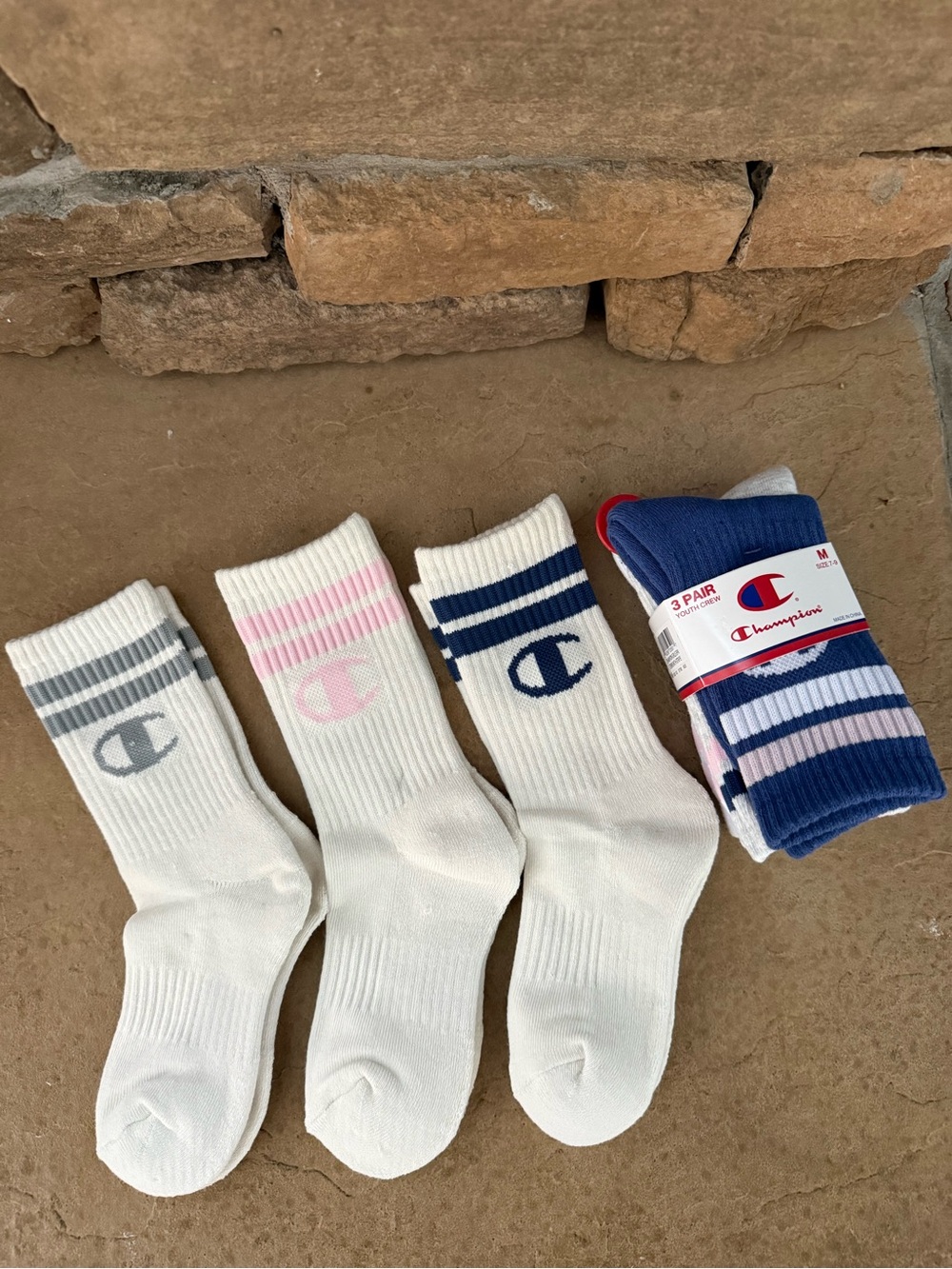 Champion Girls Crew Socks - White with Blue, Pink & Gray Stripe Accents (6 Pack)
